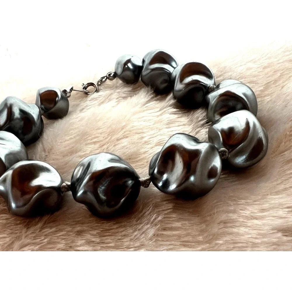 Vintage Bracelet Signed Trifari Silver Tone Sculptural Beaded Chunky‎ Modernist